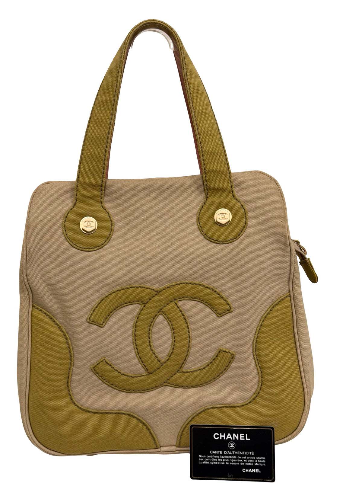 Chanel Marshmallow Tote — Chartreuse & Pink Canvas, Two-Tone CC, Authenticity Card (2004–05)