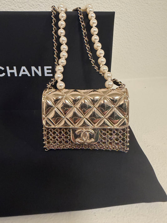 Chanel Micro Flap Bag Necklace, Light Gold Metal Mesh with Pearl Chain