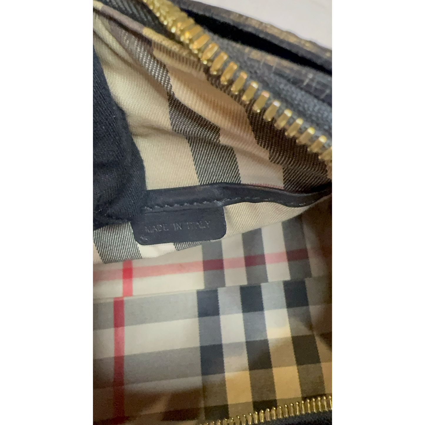 Burberry Boston Bag – Black Leather, Gold Hardware, Nova Check Interior (Pre-Owned)