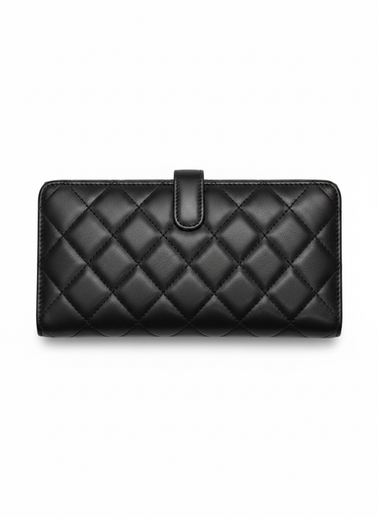 Chanel Cambon Line Black Quilted Calfskin Long Wallet Silver CC