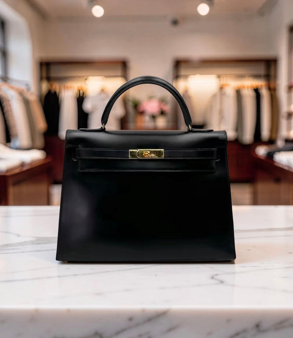 1973 Vintage Hermès Kelly 32 Sellier Black Box Calf Gold Hardware