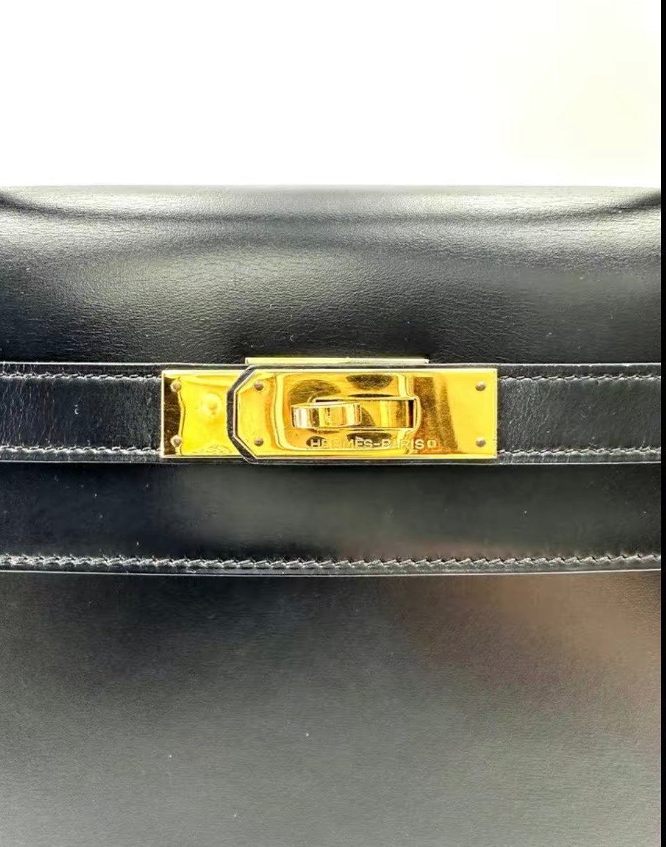 1973 Vintage Hermès Kelly 32 Sellier Black Box Calf Gold Hardware