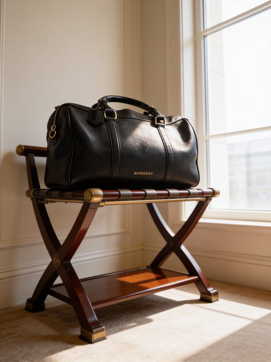 Burberry Boston Bag – Black Leather, Gold Hardware, Nova Check Interior (Pre-Owned)