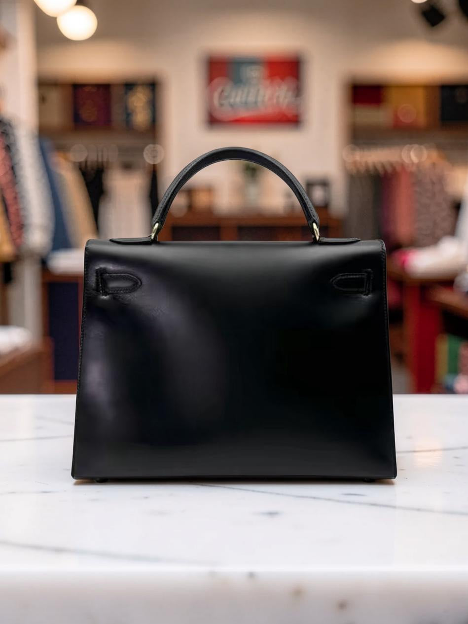1973 Vintage Hermès Kelly 32 Sellier Black Box Calf Gold Hardware