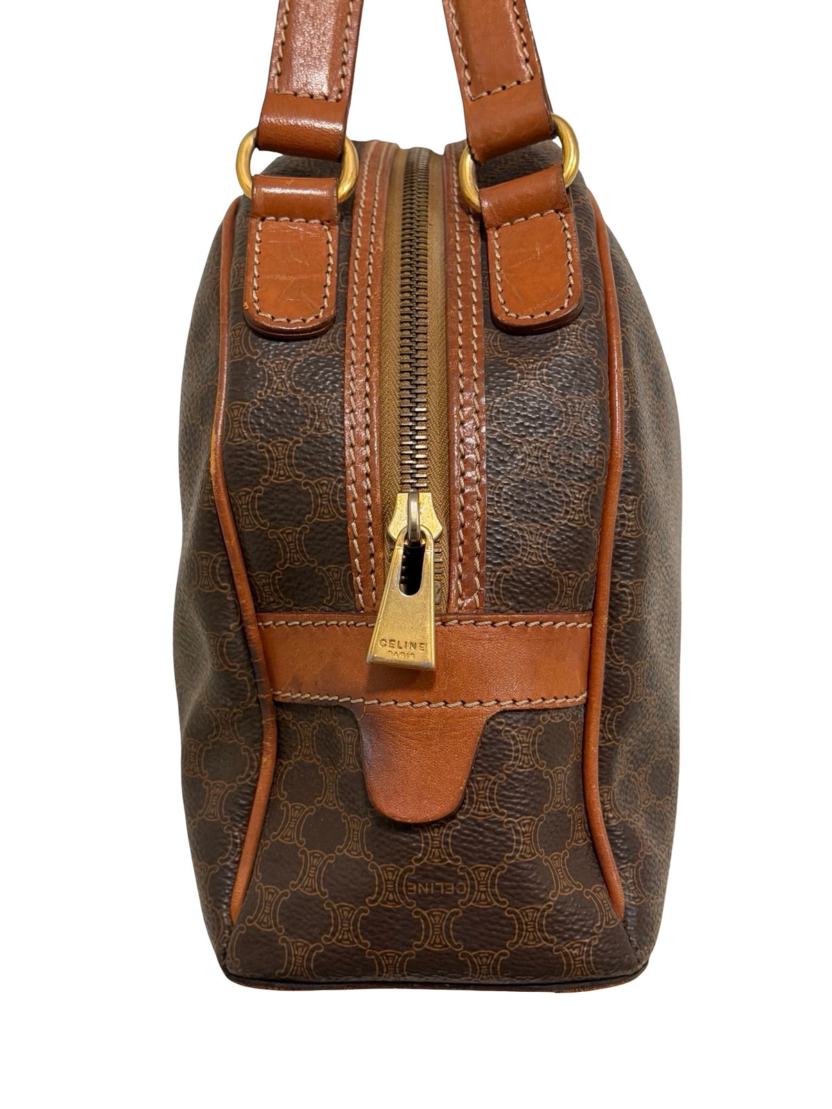 Vintage Celine Macadam Dome Bag — Brown Monogram Canvas, Tan Leather, Gold Hardware