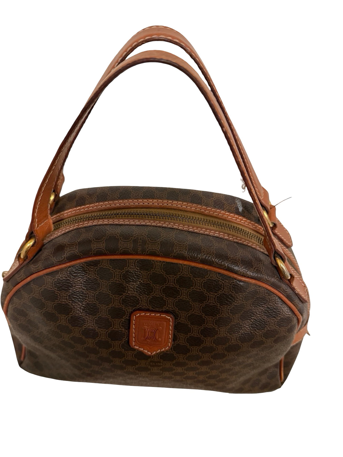 Vintage Celine Macadam Dome Bag — Brown Monogram Canvas, Tan Leather, Gold Hardware