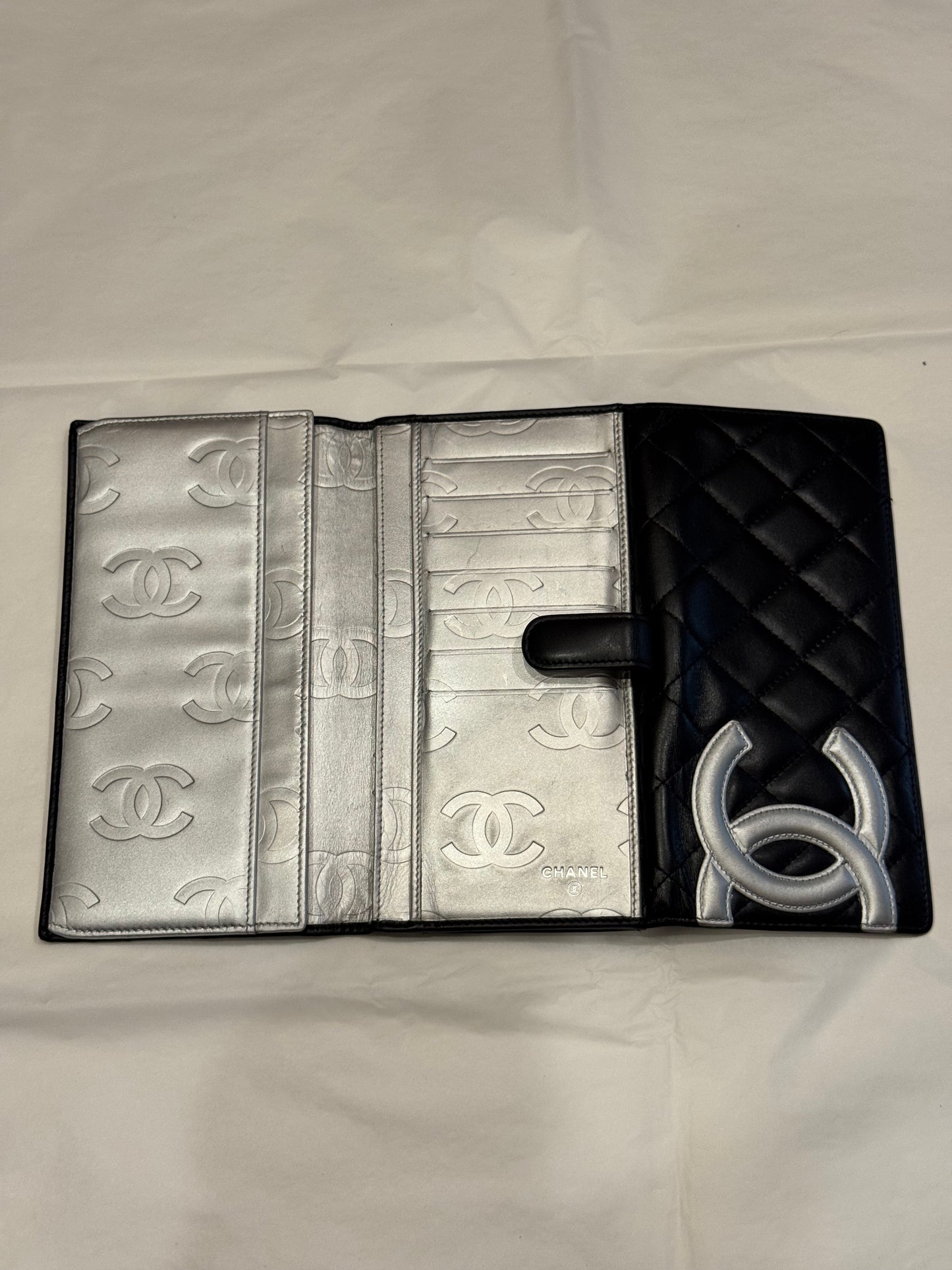 Chanel Cambon Line Black Quilted Calfskin Long Wallet Silver CC