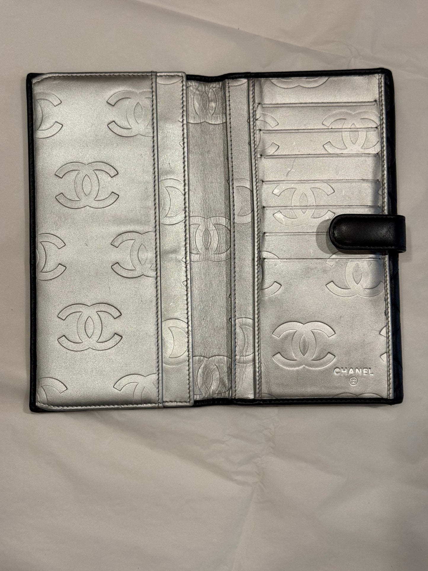 Chanel Cambon Line Black Quilted Calfskin Long Wallet Silver CC
