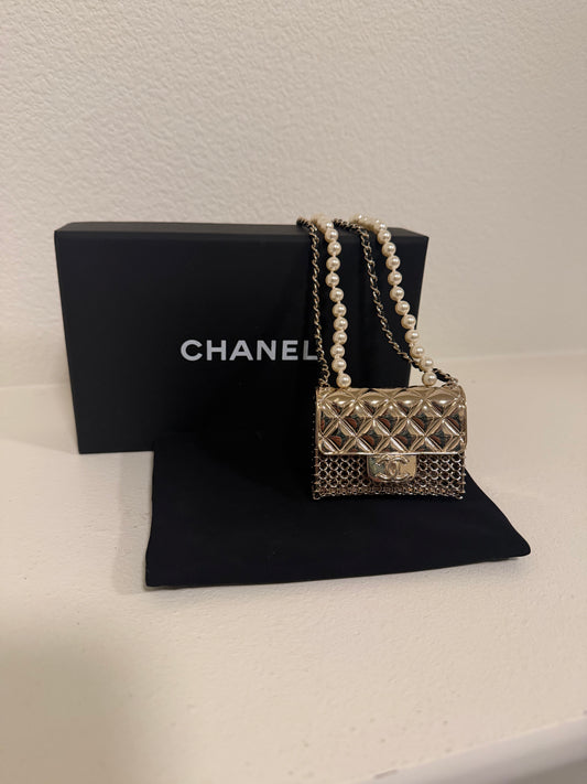 Chanel Micro Flap Bag Necklace, Light Gold Metal Mesh with Pearl Chain