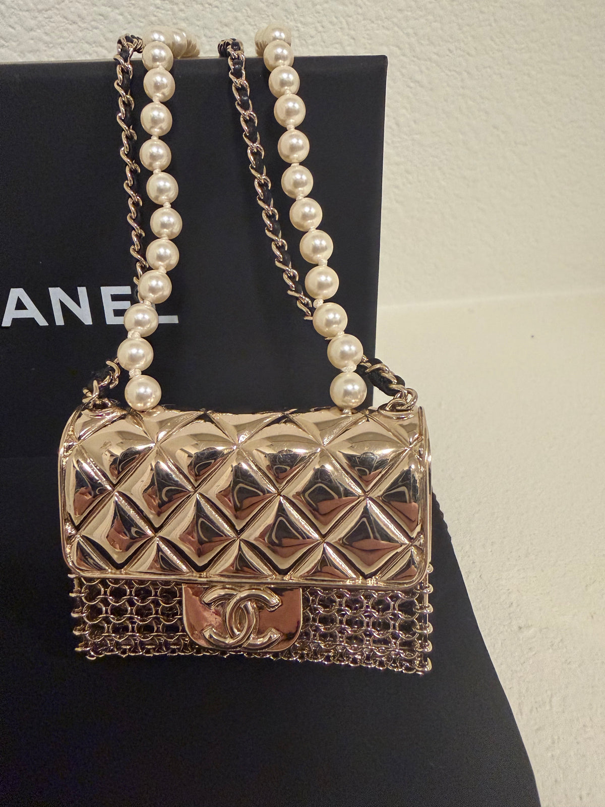 Chanel Micro Flap Bag Necklace, Light Gold Metal Mesh with Pearl Chain