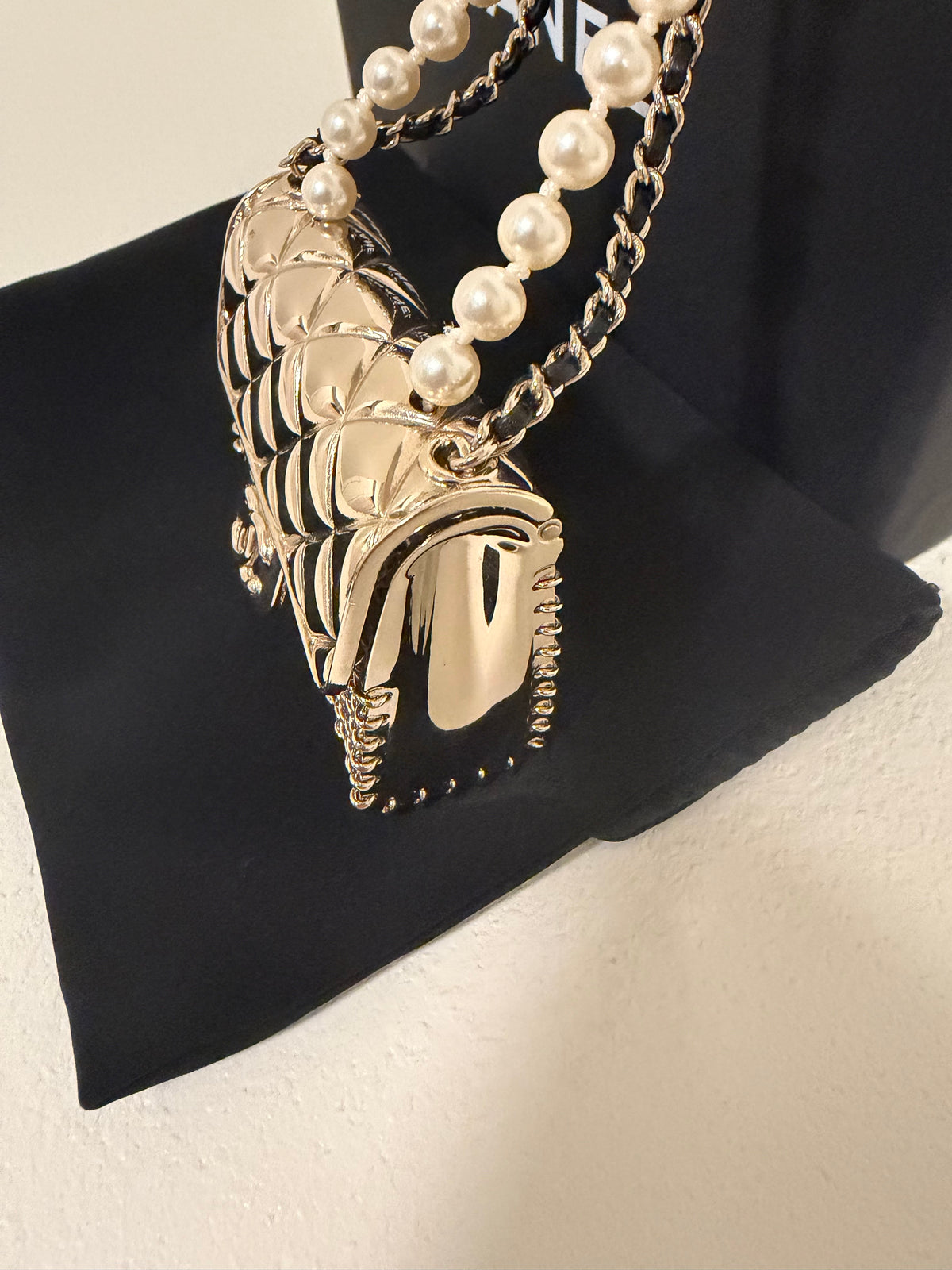 Chanel Micro Flap Bag Necklace, Light Gold Metal Mesh with Pearl Chain