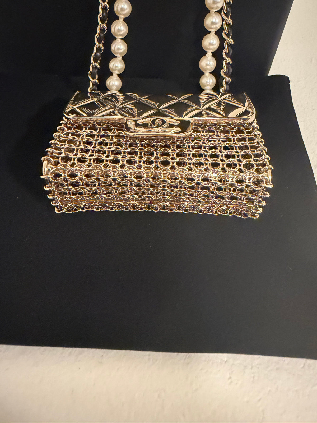 Chanel Micro Flap Bag Necklace, Light Gold Metal Mesh with Pearl Chain
