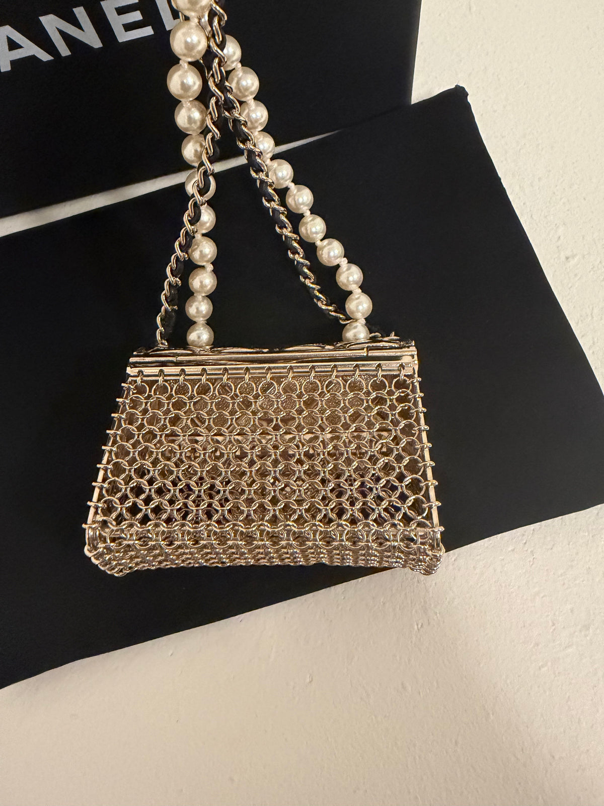 Chanel Micro Flap Bag Necklace, Light Gold Metal Mesh with Pearl Chain