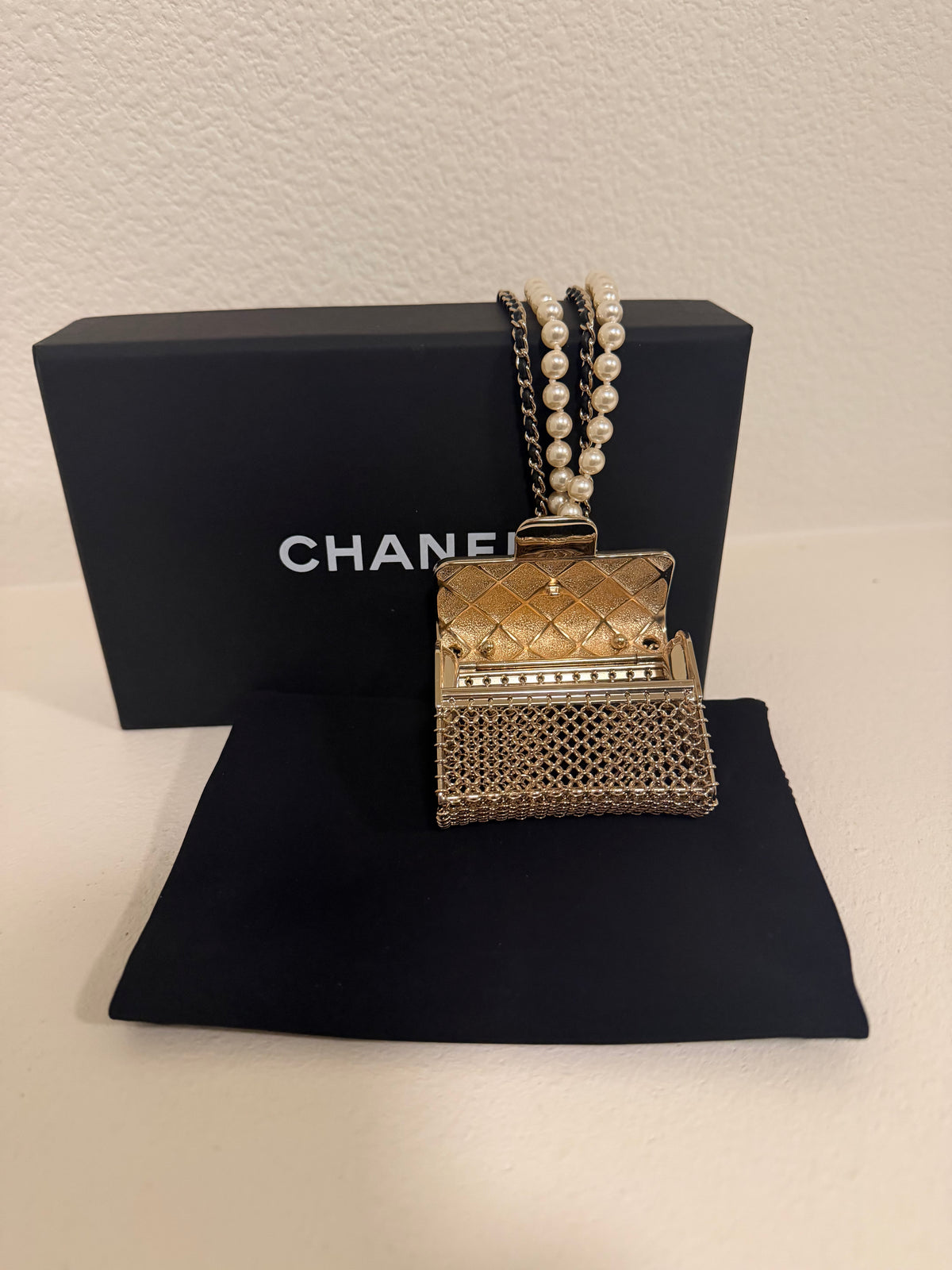 Chanel Micro Flap Bag Necklace, Light Gold Metal Mesh with Pearl Chain