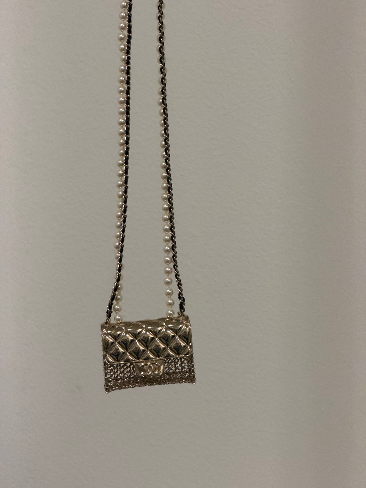 Chanel Micro Flap Bag Necklace, Light Gold Metal Mesh with Pearl Chain