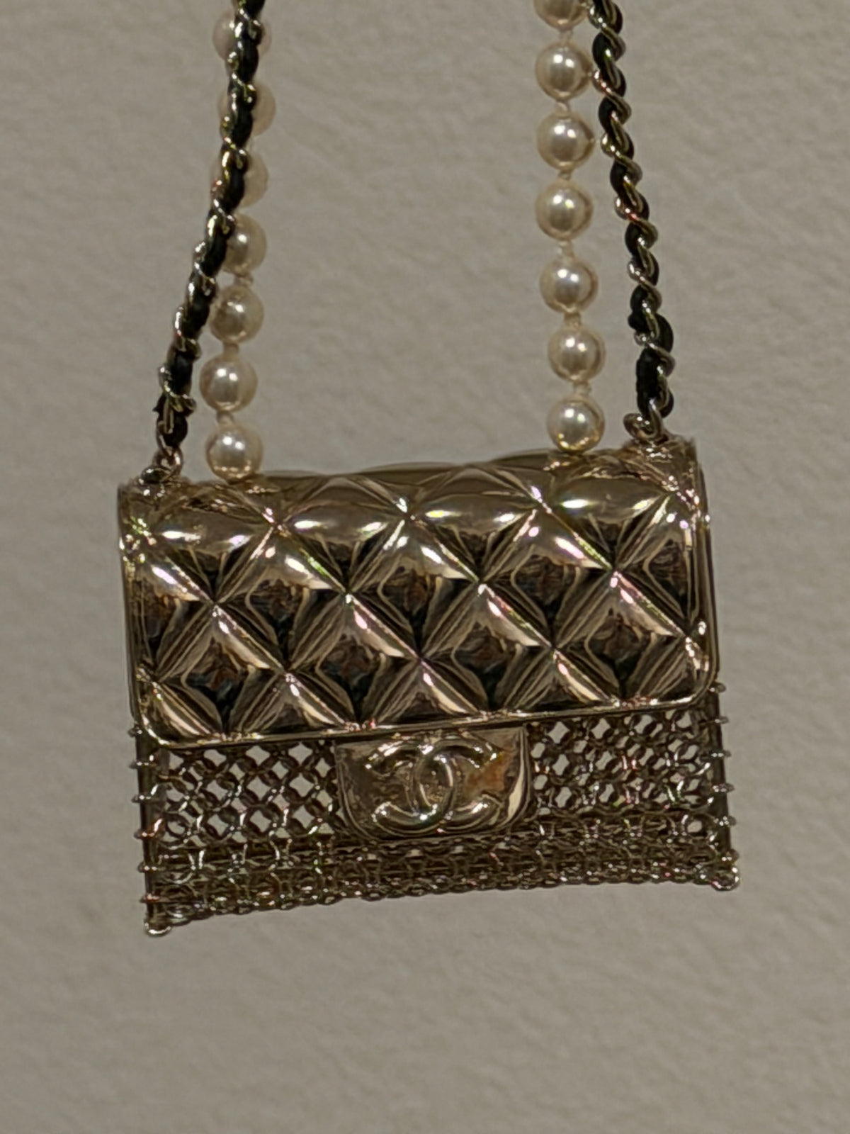 Chanel Micro Flap Bag Necklace, Light Gold Metal Mesh with Pearl Chain