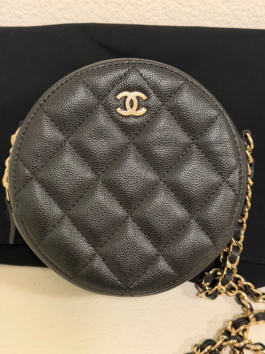 Chanel Round Clutch with Chain, Black Caviar with Light Gold Hardware