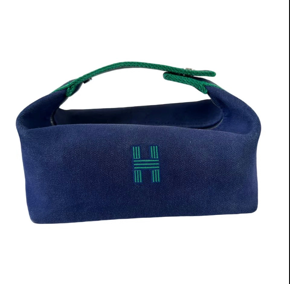 Hermès Bride-à-Brac PM Travel Case, Navy Canvas with Green Trim