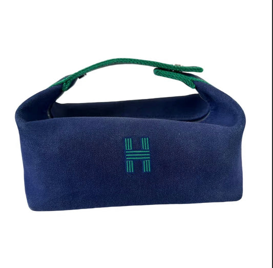 Hermès Bride-à-Brac PM Travel Case, Navy Canvas with Green Trim