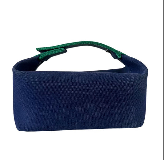 Hermès Bride-à-Brac PM Travel Case, Navy Canvas with Green Trim
