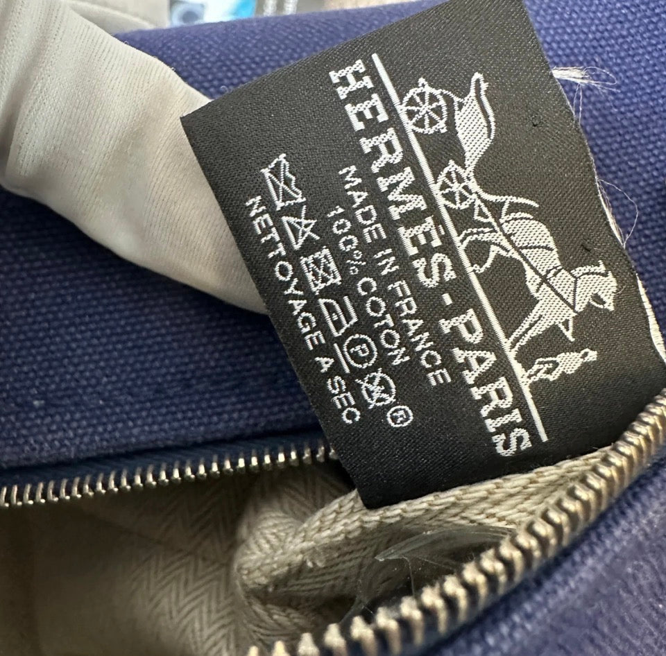 Hermès Bride-à-Brac PM Travel Case, Navy Canvas with Green Trim