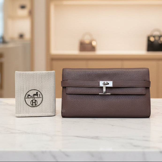 Hermès Kelly Classic Longue Wallet — Chocolate Taurillon Clemence, Palladium
