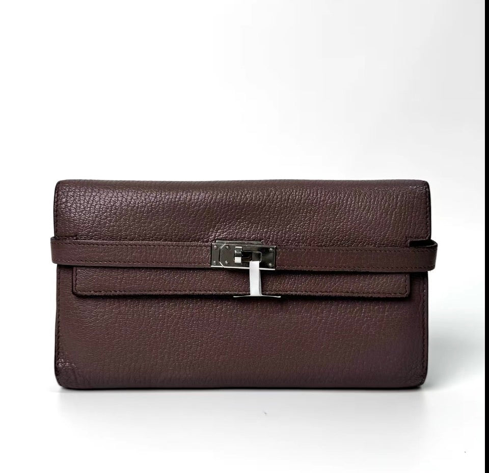 Hermès Kelly Classic Longue Wallet — Chocolate Taurillon Clemence, Palladium