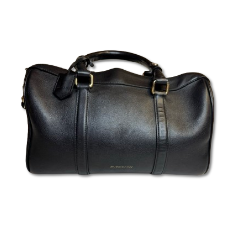 Burberry Boston Bag – Black Leather, Gold Hardware, Nova Check Interior (Pre-Owned)