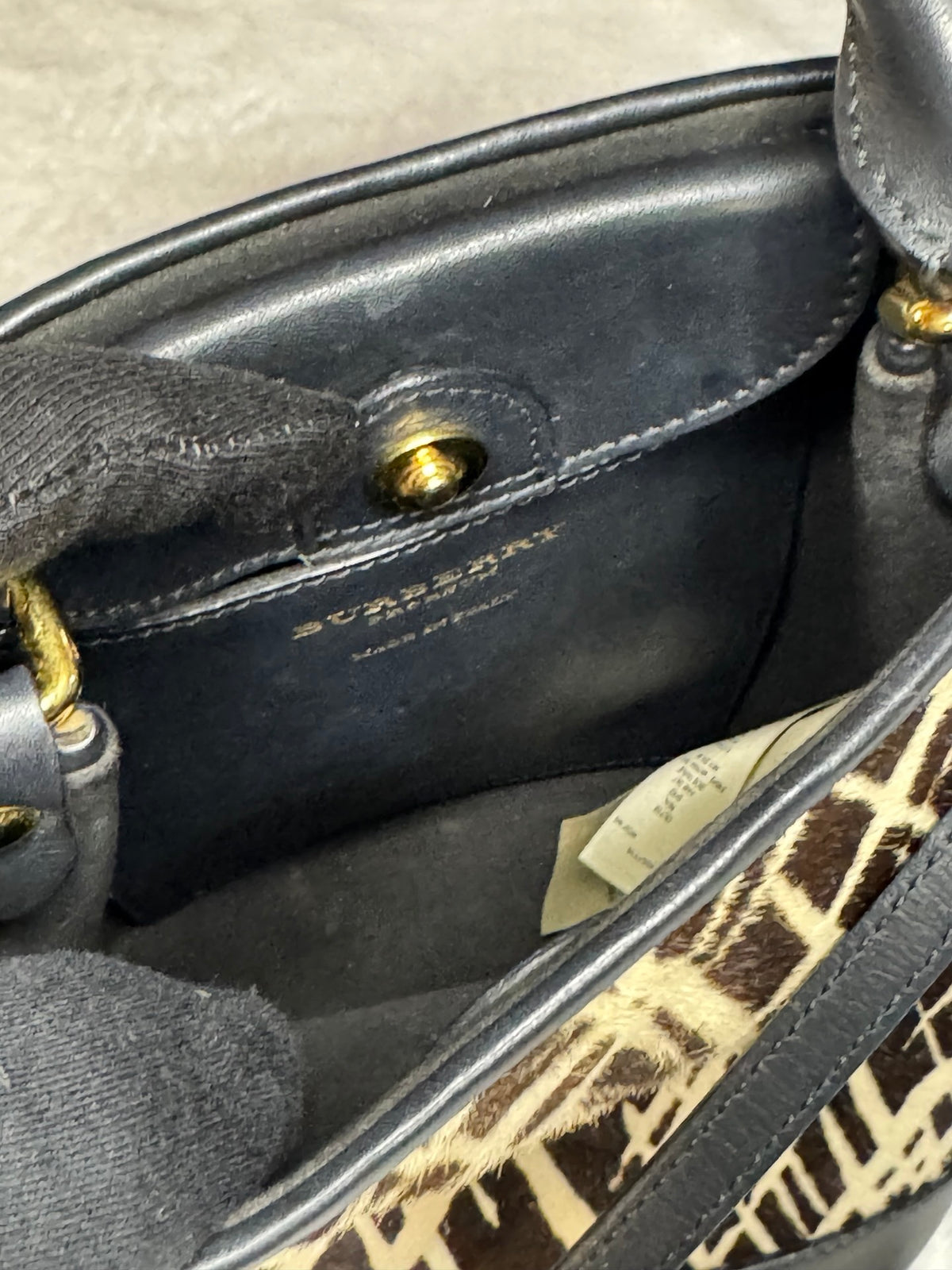 Burberry Prorsum Bucket Bag – Graphic Print Calf Hair, Black Leather Trim, Gold Hardware (Pre-Owned)