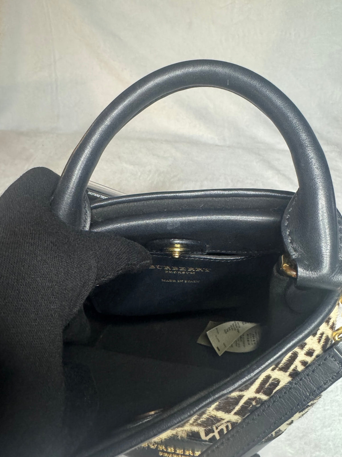 Burberry Prorsum Bucket Bag – Graphic Print Calf Hair, Black Leather Trim, Gold Hardware (Pre-Owned)