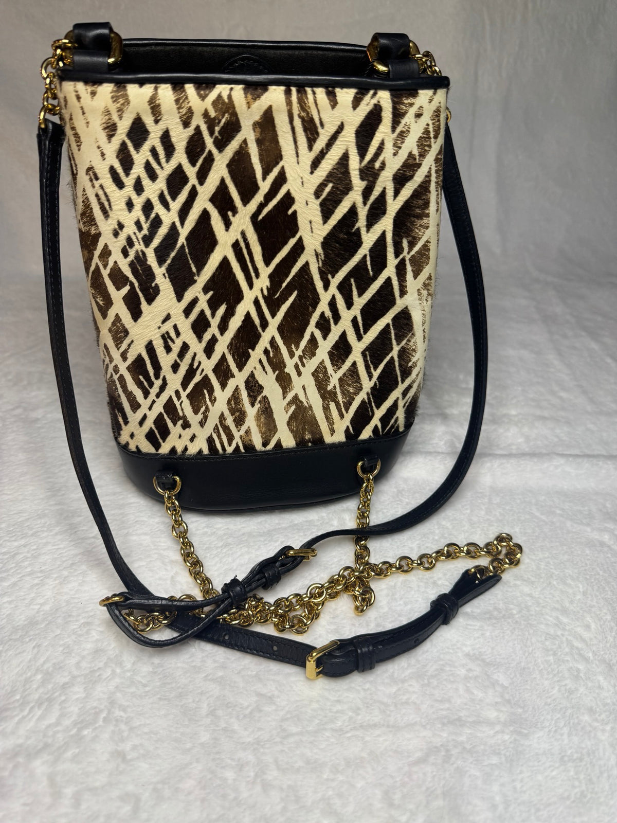 Burberry Prorsum Bucket Bag – Graphic Print Calf Hair, Black Leather Trim, Gold Hardware (Pre-Owned)
