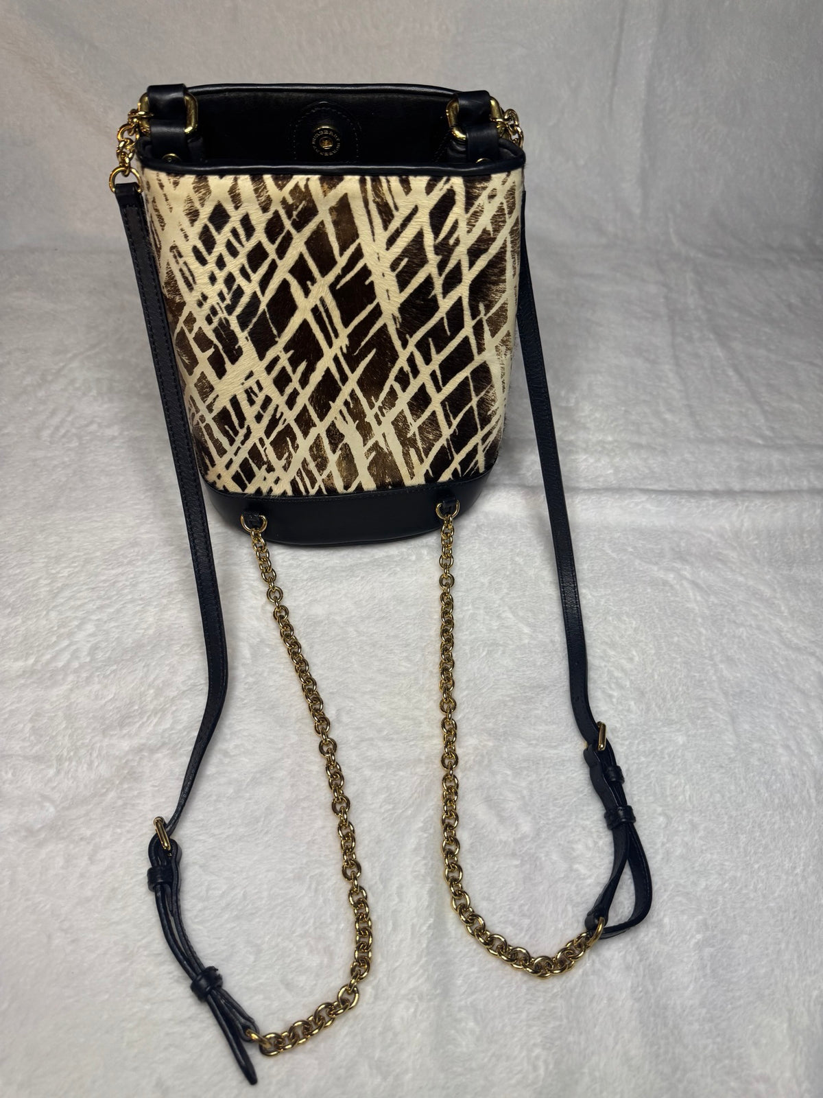 Burberry Prorsum Bucket Bag – Graphic Print Calf Hair, Black Leather Trim, Gold Hardware (Pre-Owned)