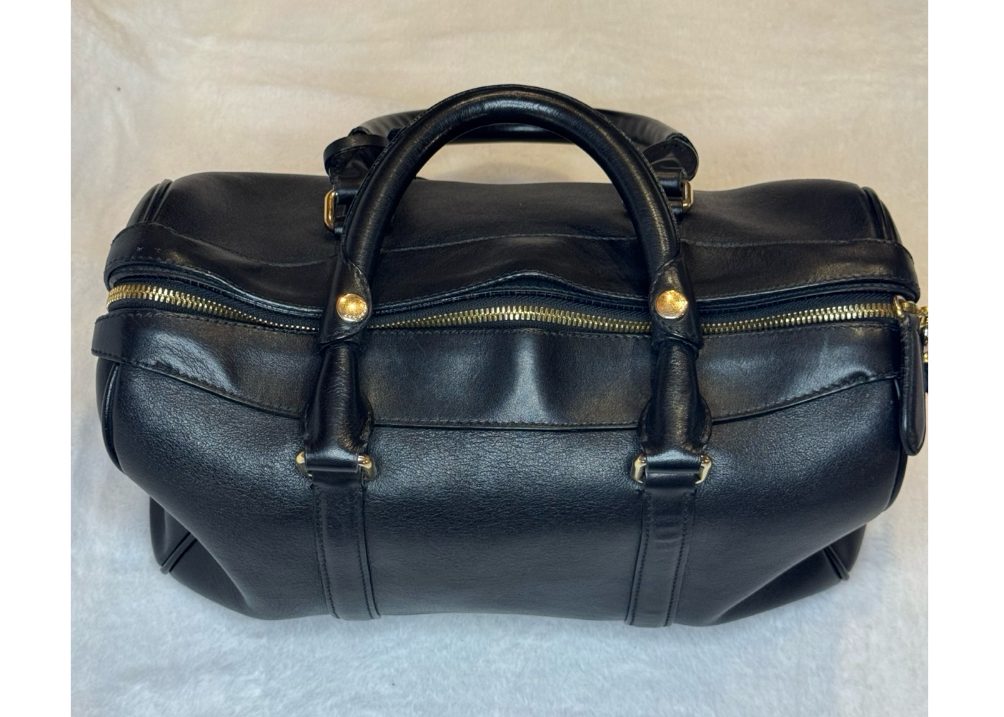 Burberry Boston Bag – Black Leather, Gold Hardware, Nova Check Interior (Pre-Owned)