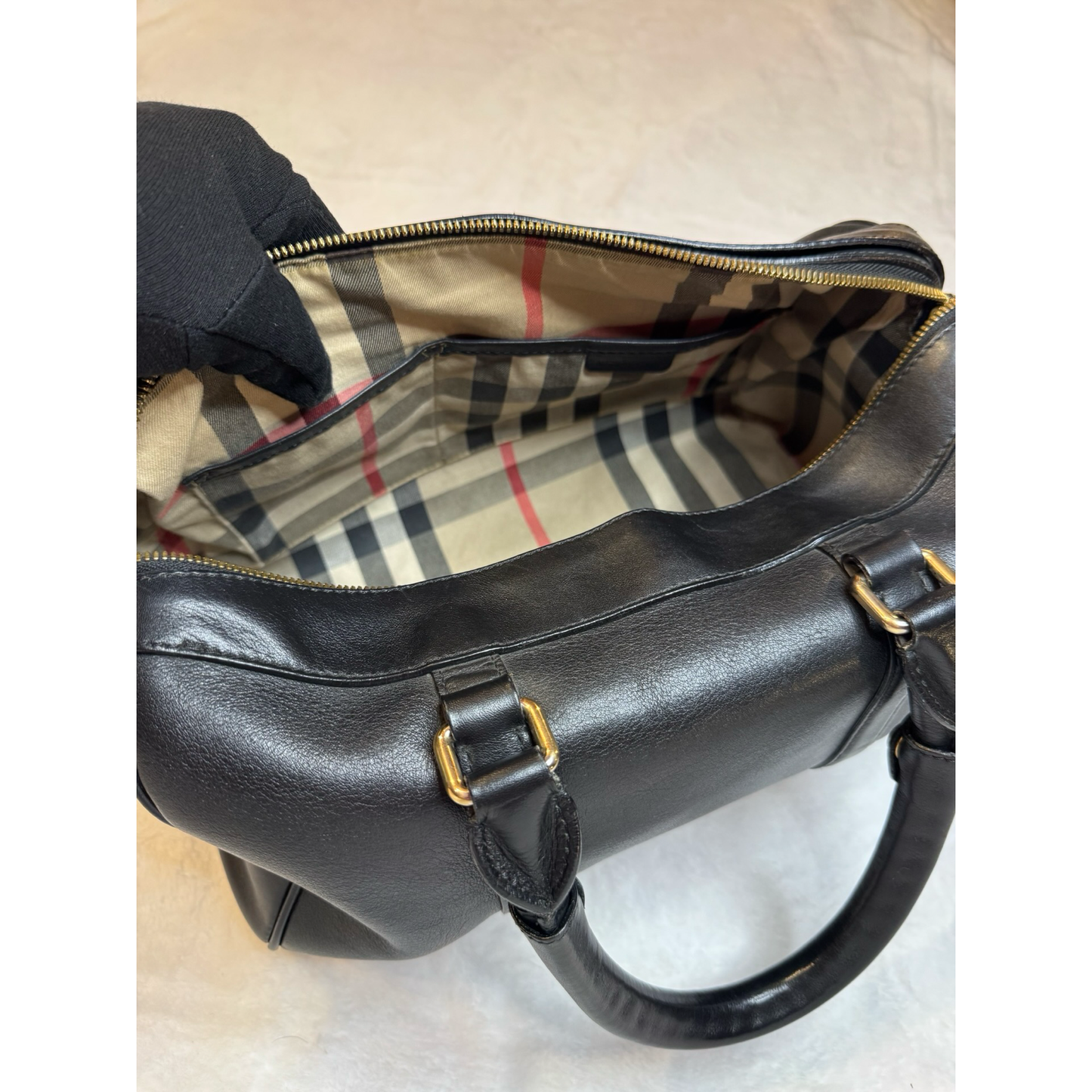 Burberry Boston Bag – Black Leather, Gold Hardware, Nova Check Interior (Pre-Owned)