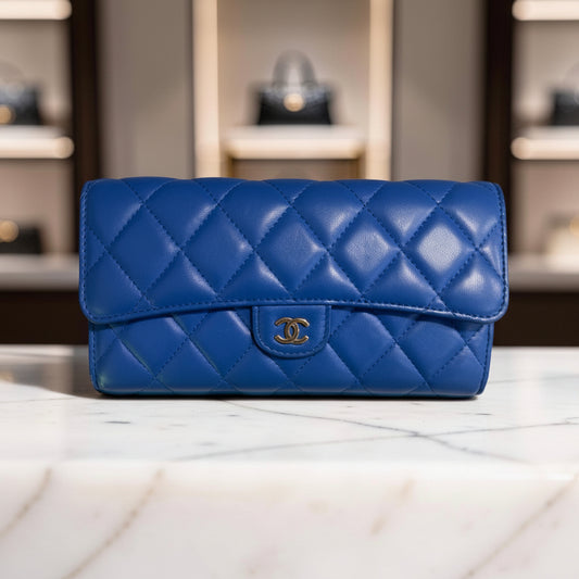 Chanel Classic Long Flap Wallet — Blue Quilted Lambskin