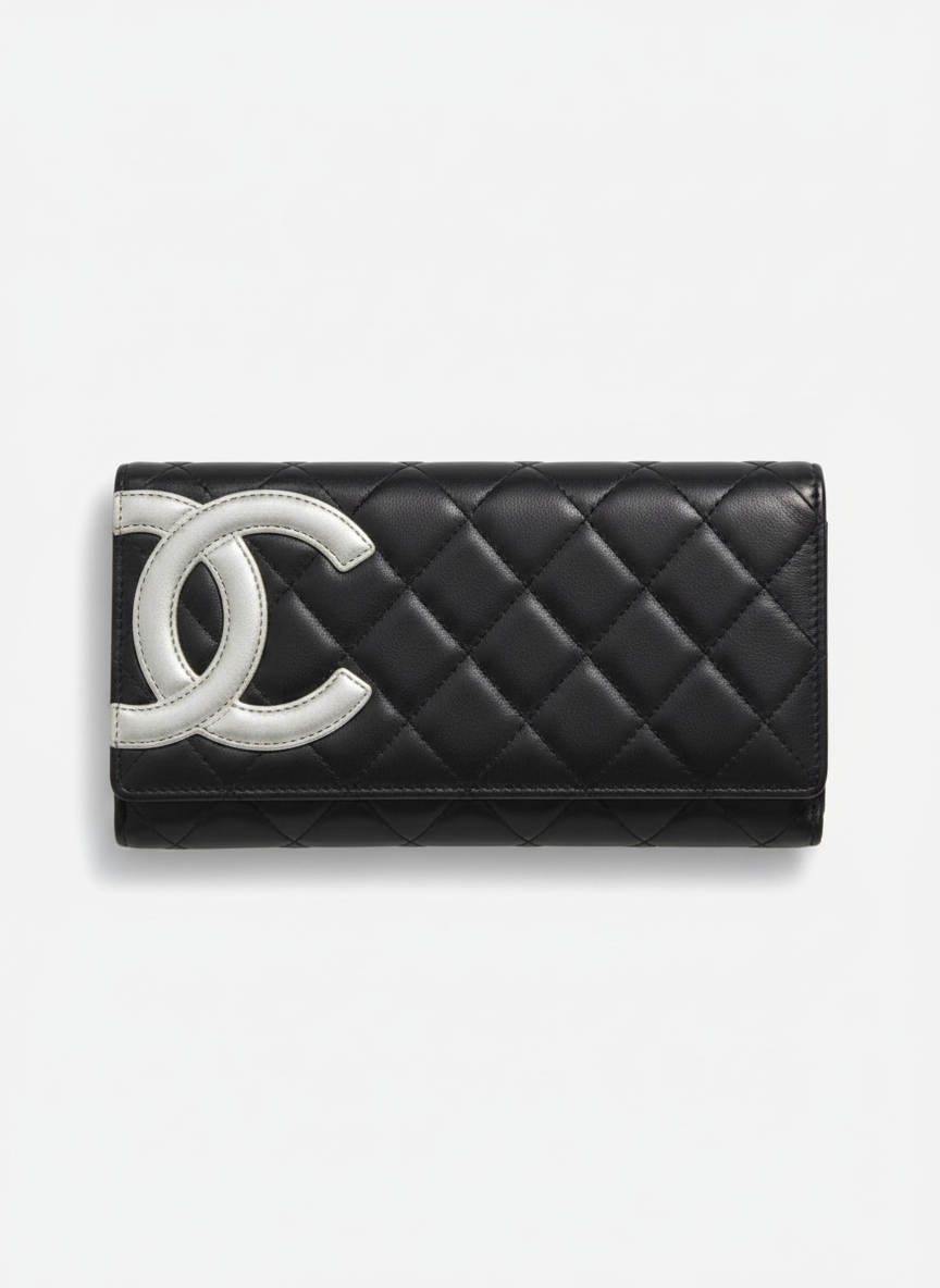 Chanel Cambon Line Black Quilted Calfskin Long Wallet Silver CC