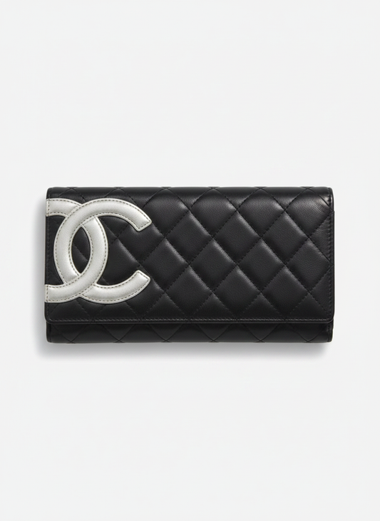 Chanel Cambon Line Black Quilted Calfskin Long Wallet Silver CC