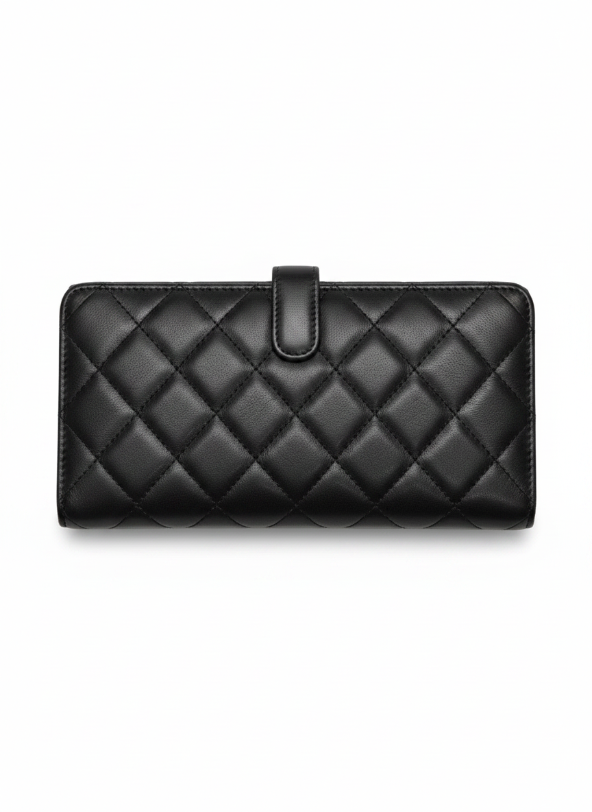 Chanel Cambon Line Black Quilted Calfskin Long Wallet Silver CC