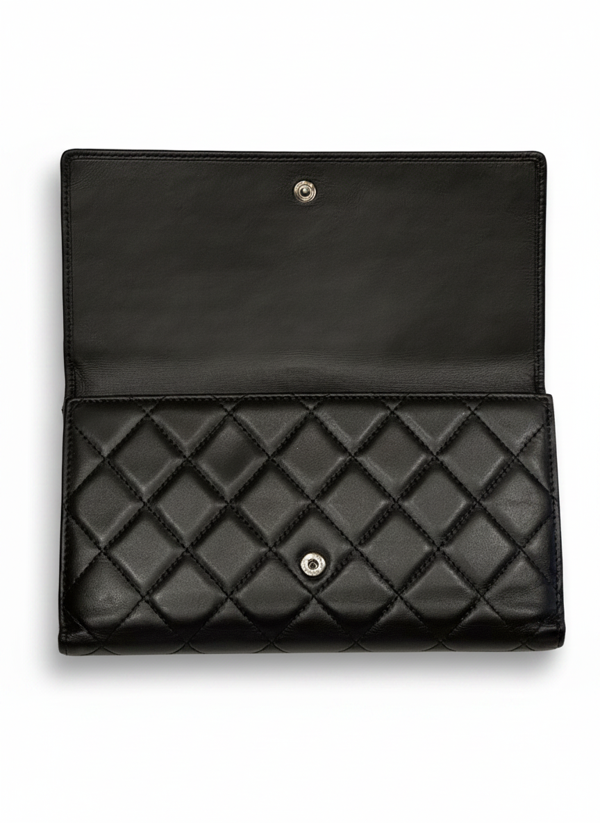 Chanel Cambon Line Black Quilted Calfskin Long Wallet Silver CC