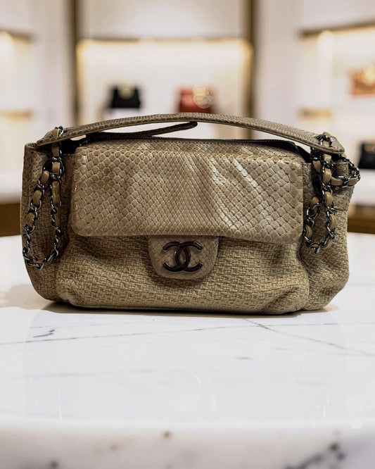 Chanel Python-Trimmed Accordion Flap Bag, Taupe