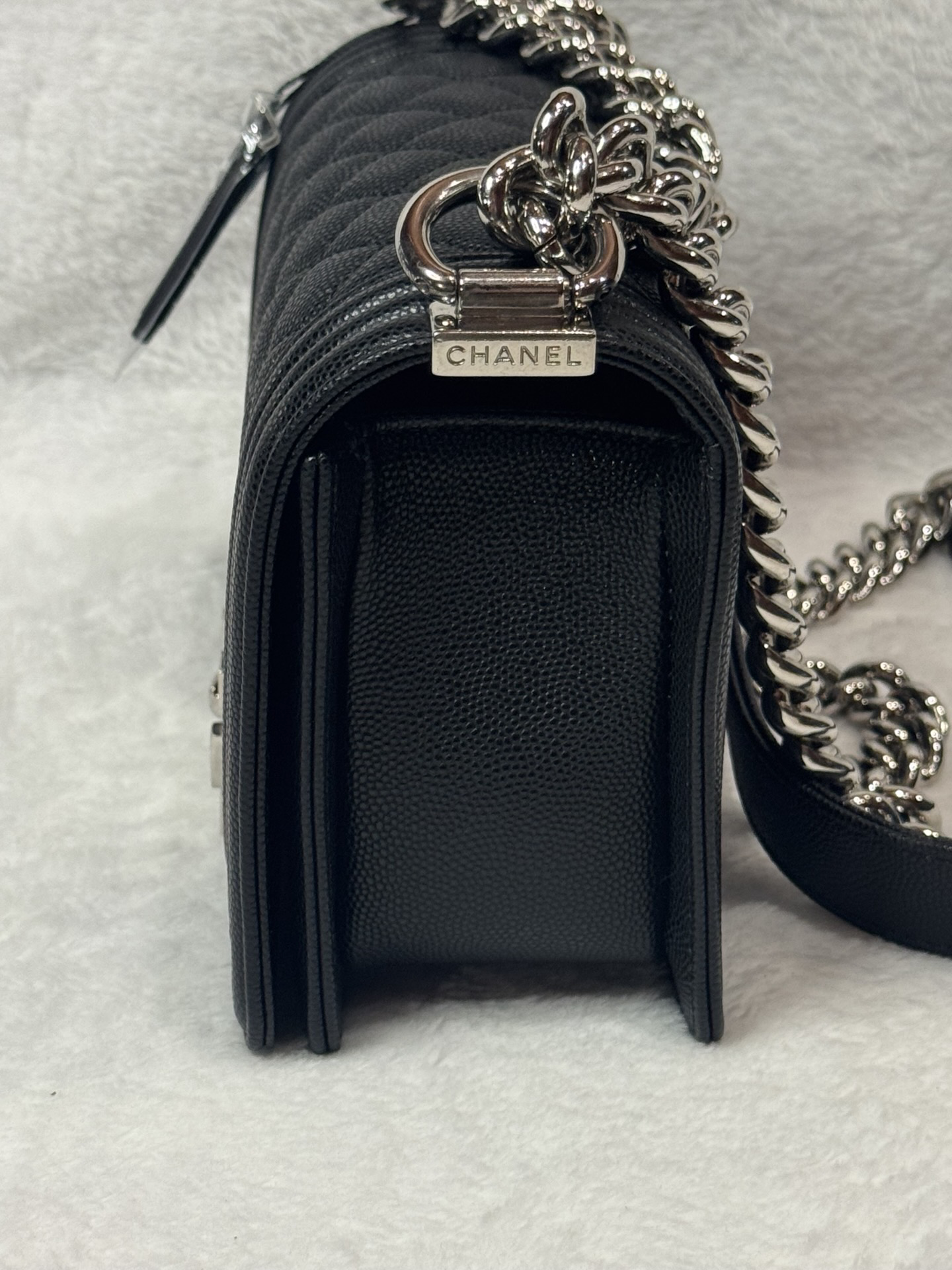 Chanel Small Boy Flap — Black Caviar, Ruthenium Hardware