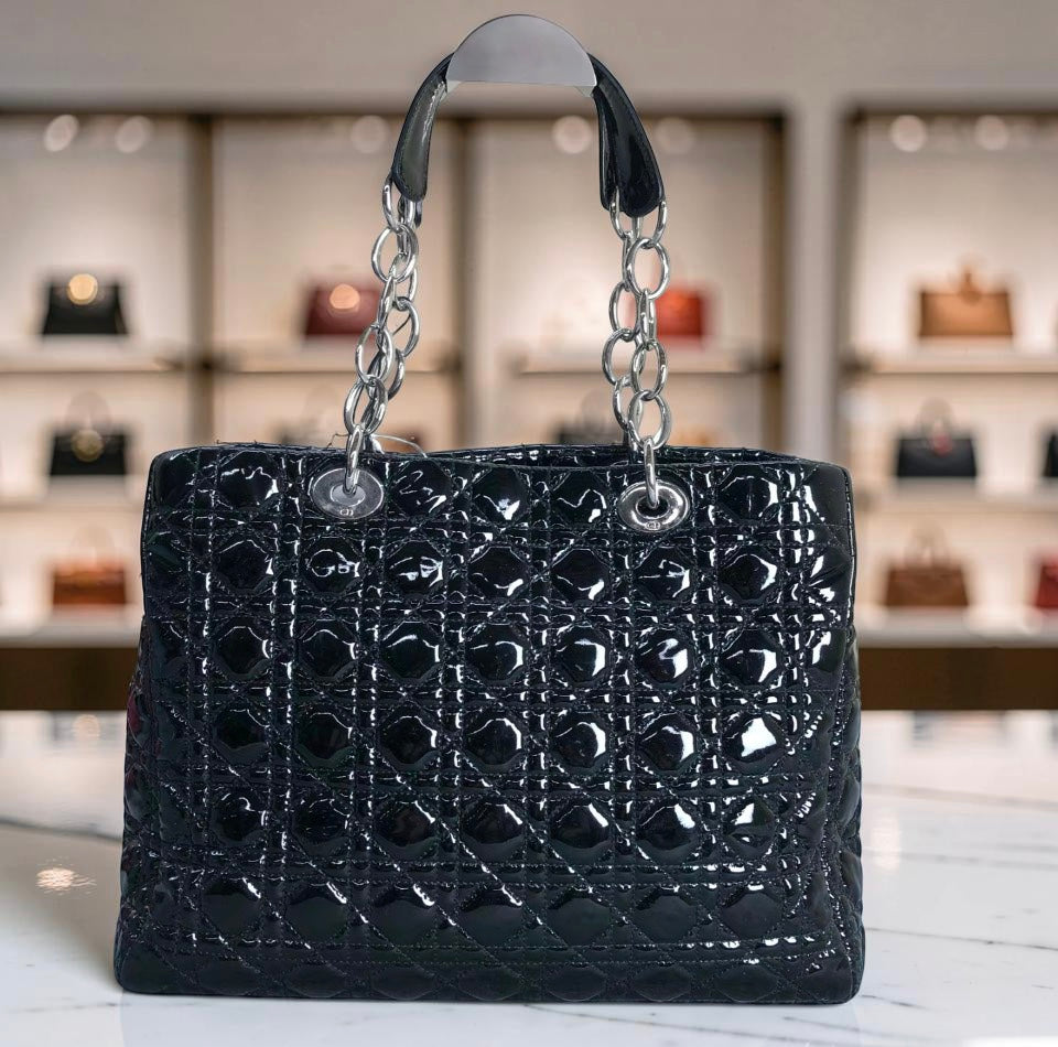 Christian Dior Large Soft Shopping Tote — Black Patent Cannage