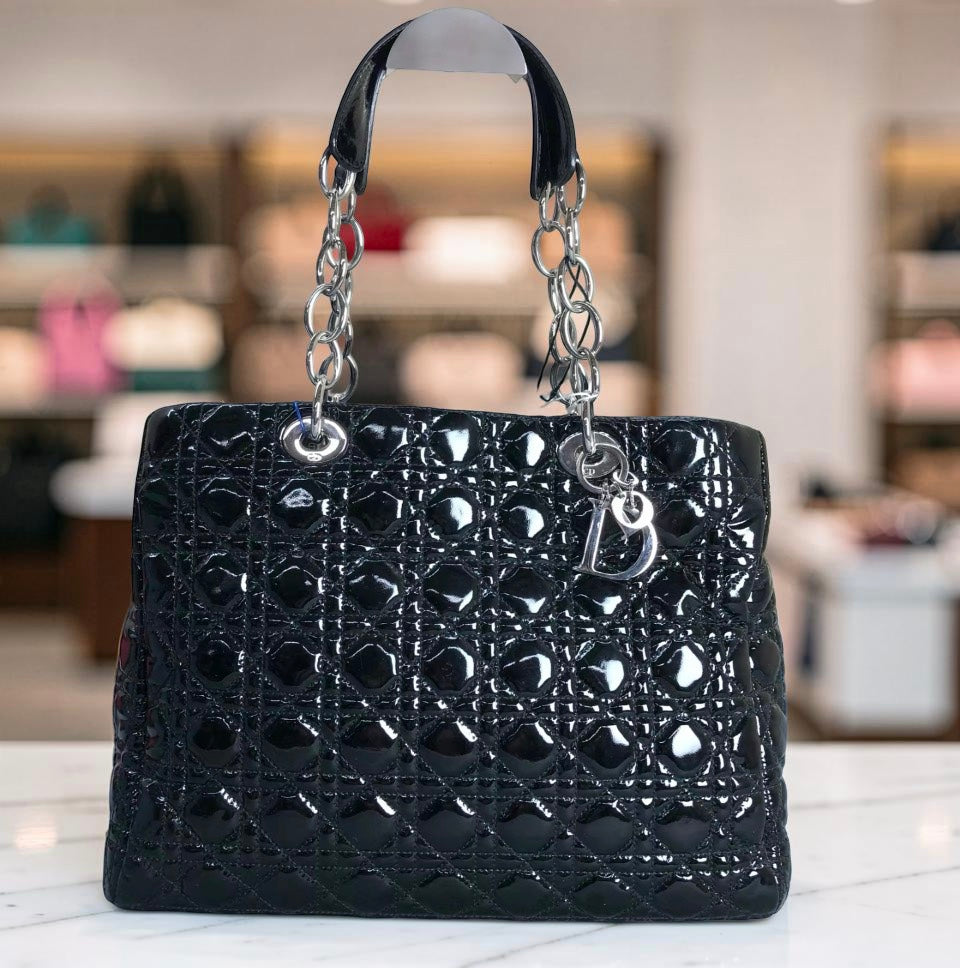 Christian Dior Large Soft Shopping Tote — Black Patent Cannage