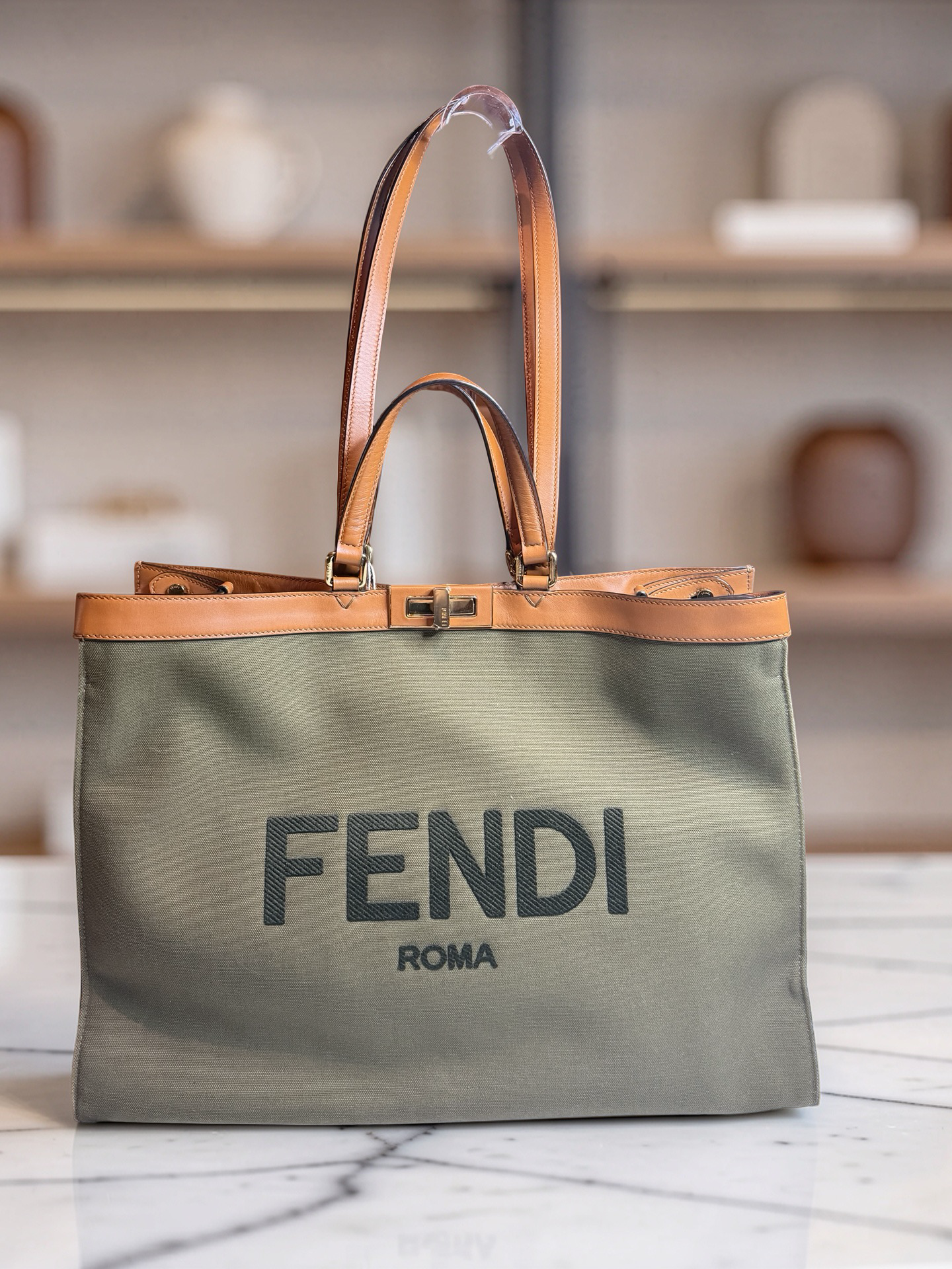 Fendi Peekaboo X-Tote Large | Olive Canvas with Tan Leather Trim