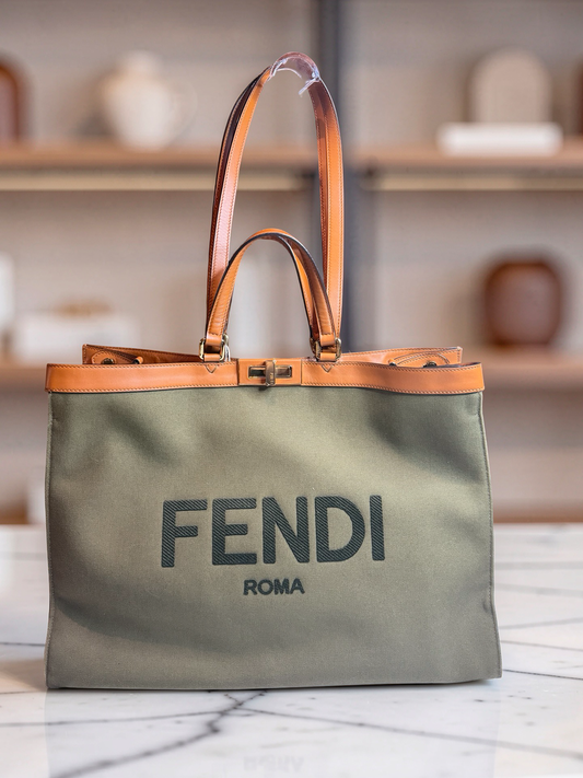 Fendi Peekaboo X-Tote Large | Olive Canvas with Tan Leather Trim