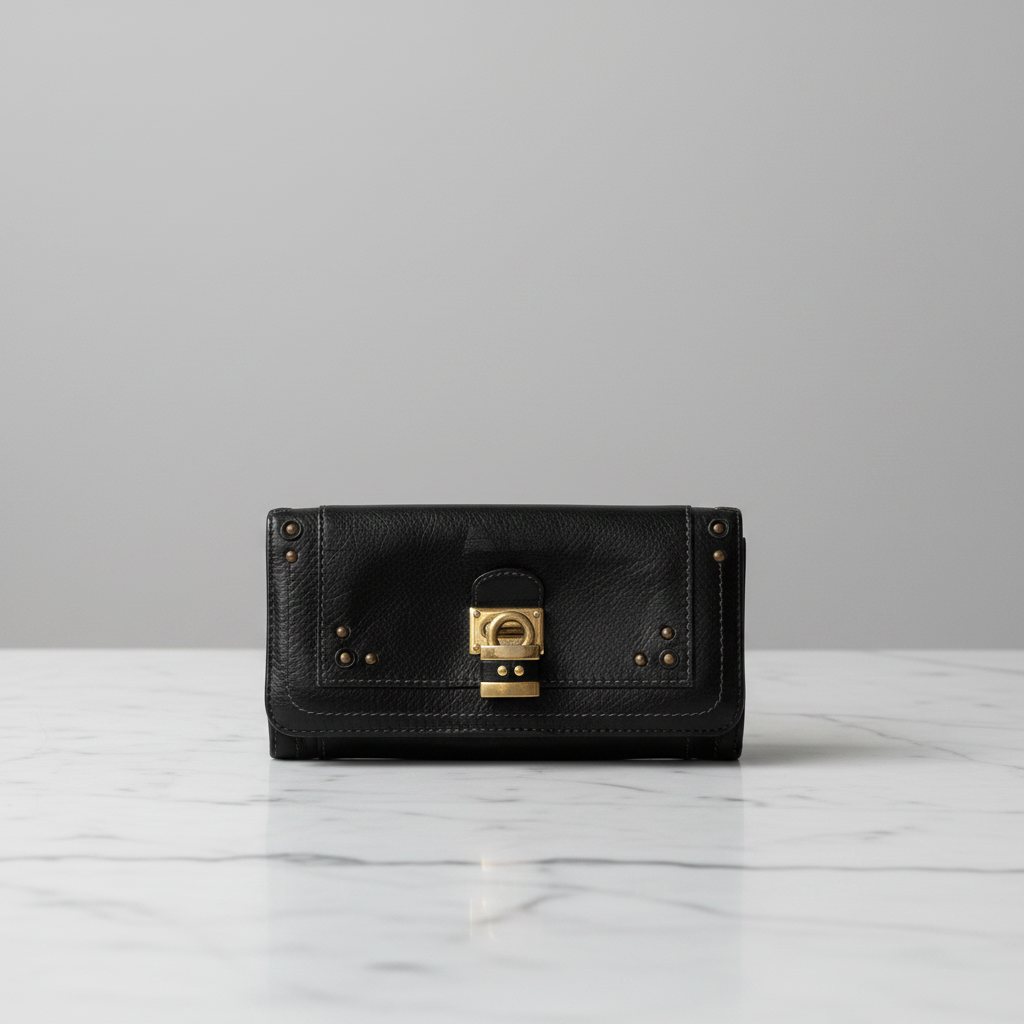 Chloé Long Wallet – Black Grained Leather with Gold Stud Hardware (Pre-Owned)