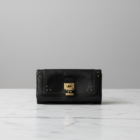 Chloé Long Wallet – Black Grained Leather with Gold Stud Hardware (Pre-Owned)