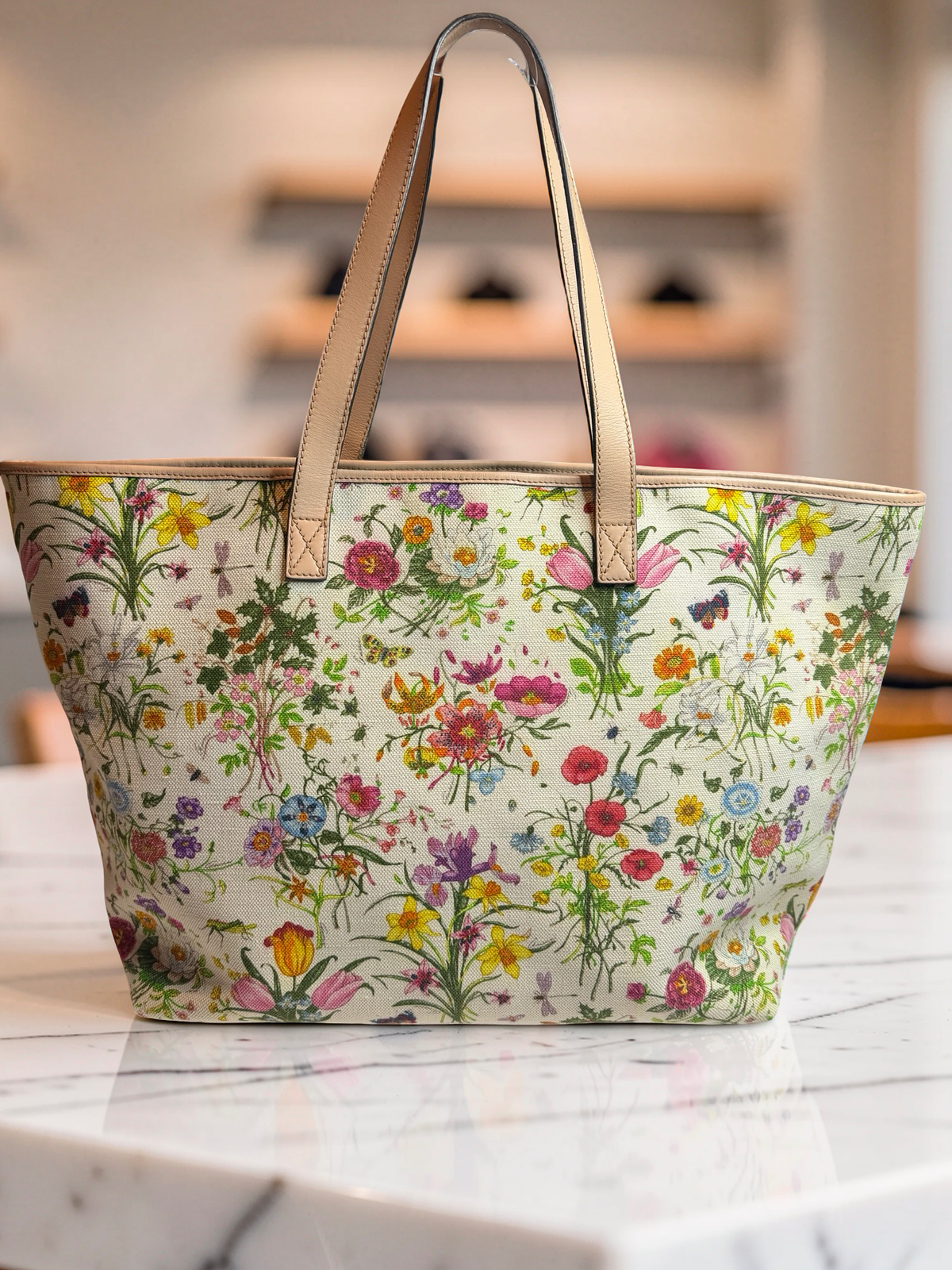 Gucci Flora Canvas Joy Garden Tote — Light Pink Trim
