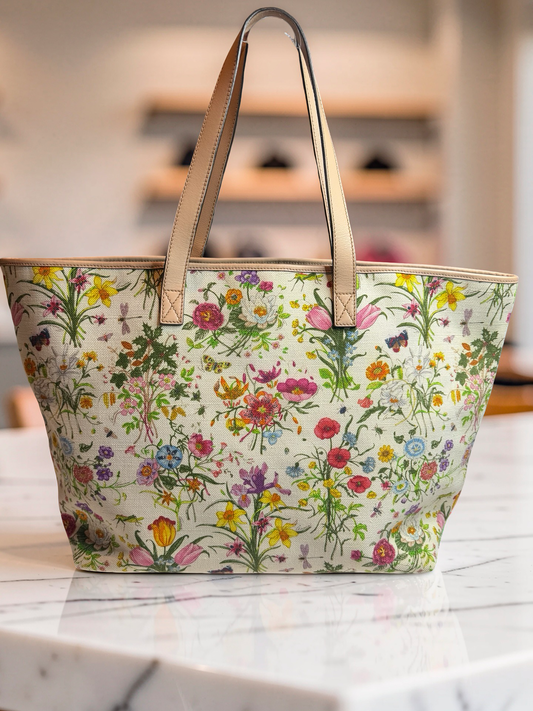 Gucci Flora Canvas Joy Garden Tote — Light Pink Trim