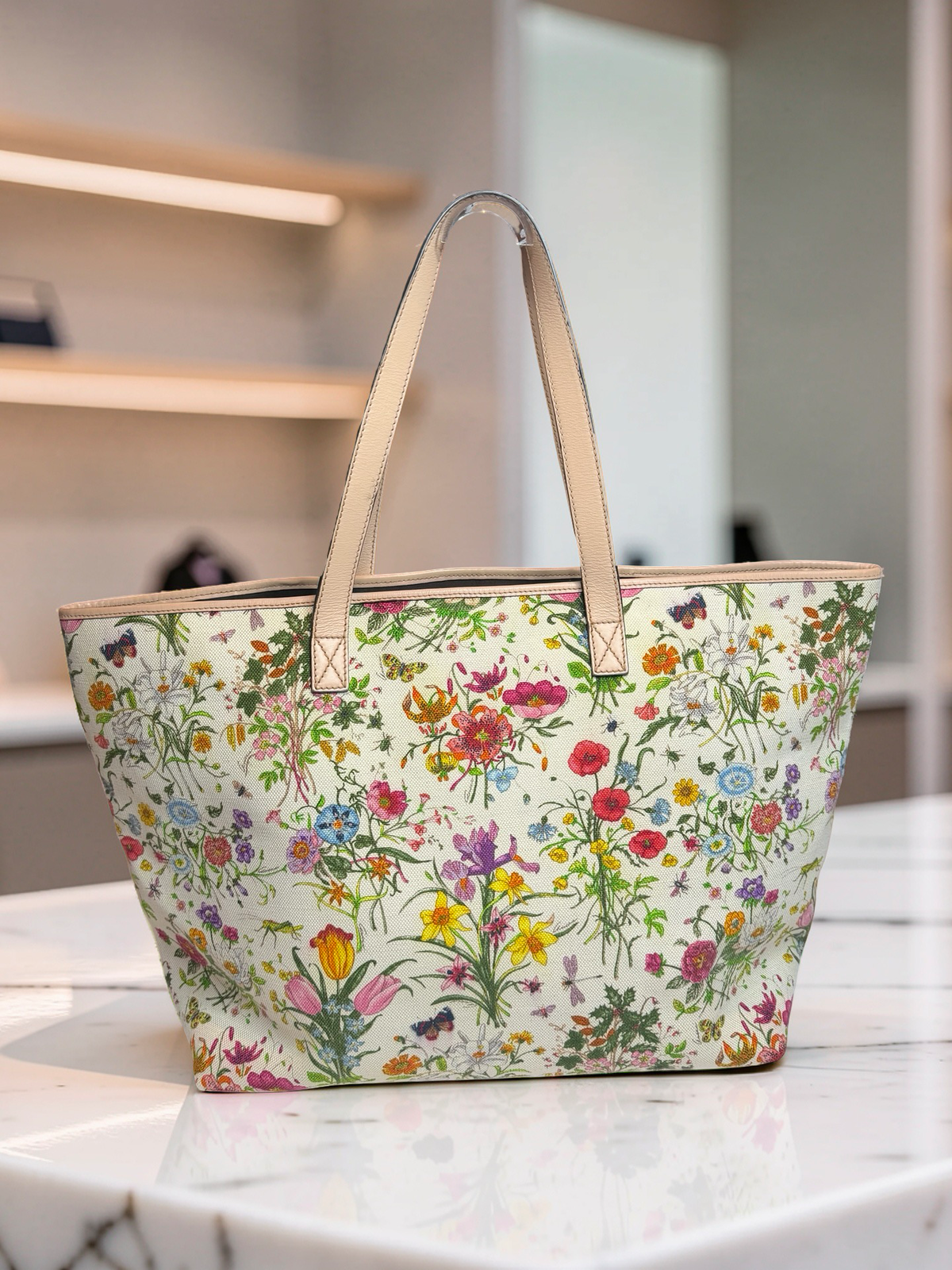Gucci Flora Canvas Joy Garden Tote — Light Pink Trim